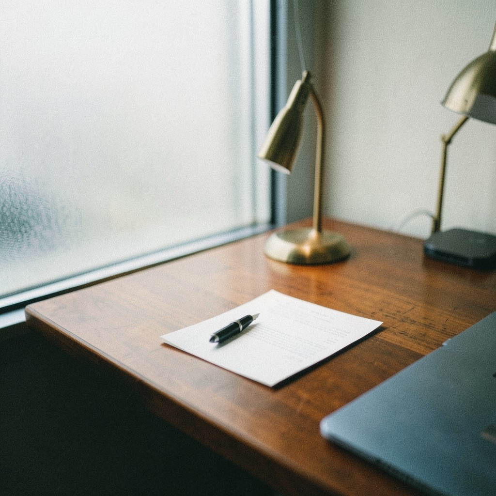 A wooden desk with a fountain pen, a printed proposal, and a small stack of margin notes