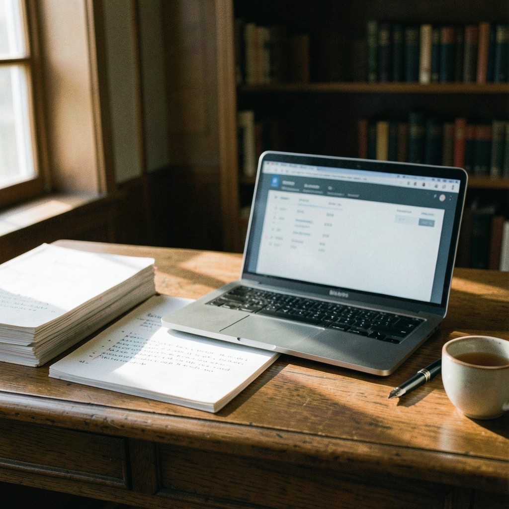 A wooden reading desk with an open laptop showing a block explorer, a stack of annotated pages, and a fountain pen