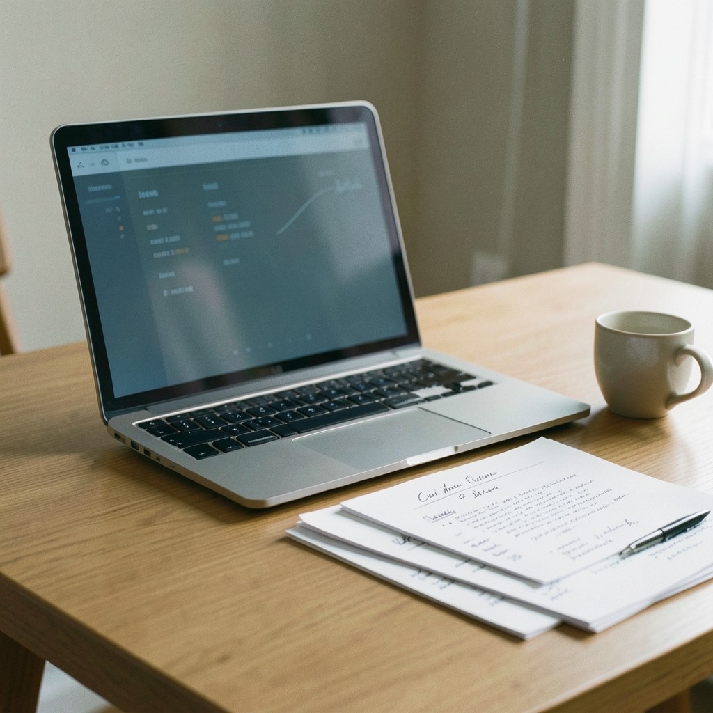 An open laptop showing a block explorer beside a printed proposal and a stack of margin notes