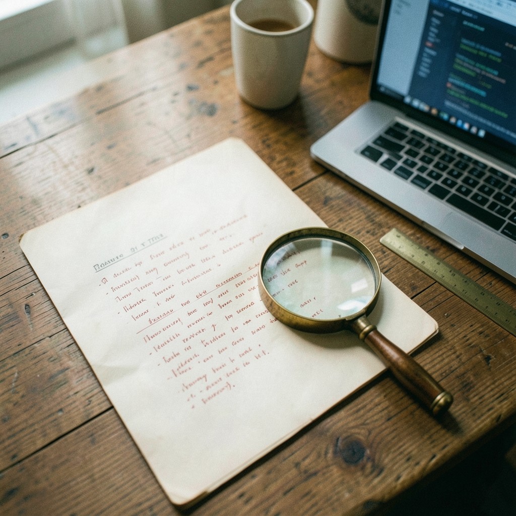 An editor's desk with a printed proposal, a fountain pen, and a checklist of steps for verifying an entry against a network upgrade