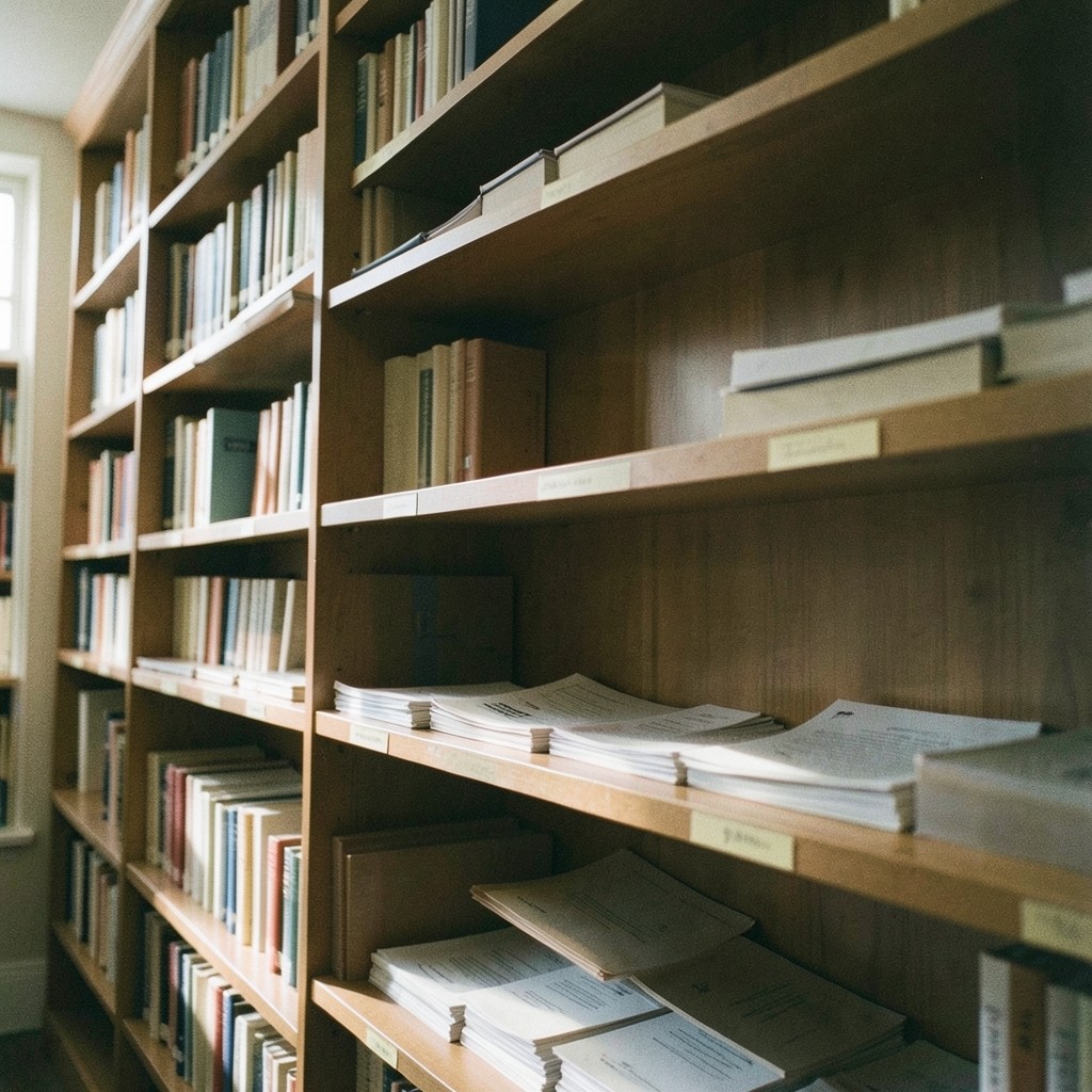 A library shelf of bound volumes beside an open laptop showing an index of ecosystem topics